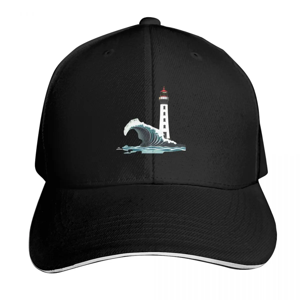Minimalist Ocean Waves Lighthouse Baseball Cap Sun Protection UPF 50+ Breathable Mesh Back Adjustable Buckle Closure