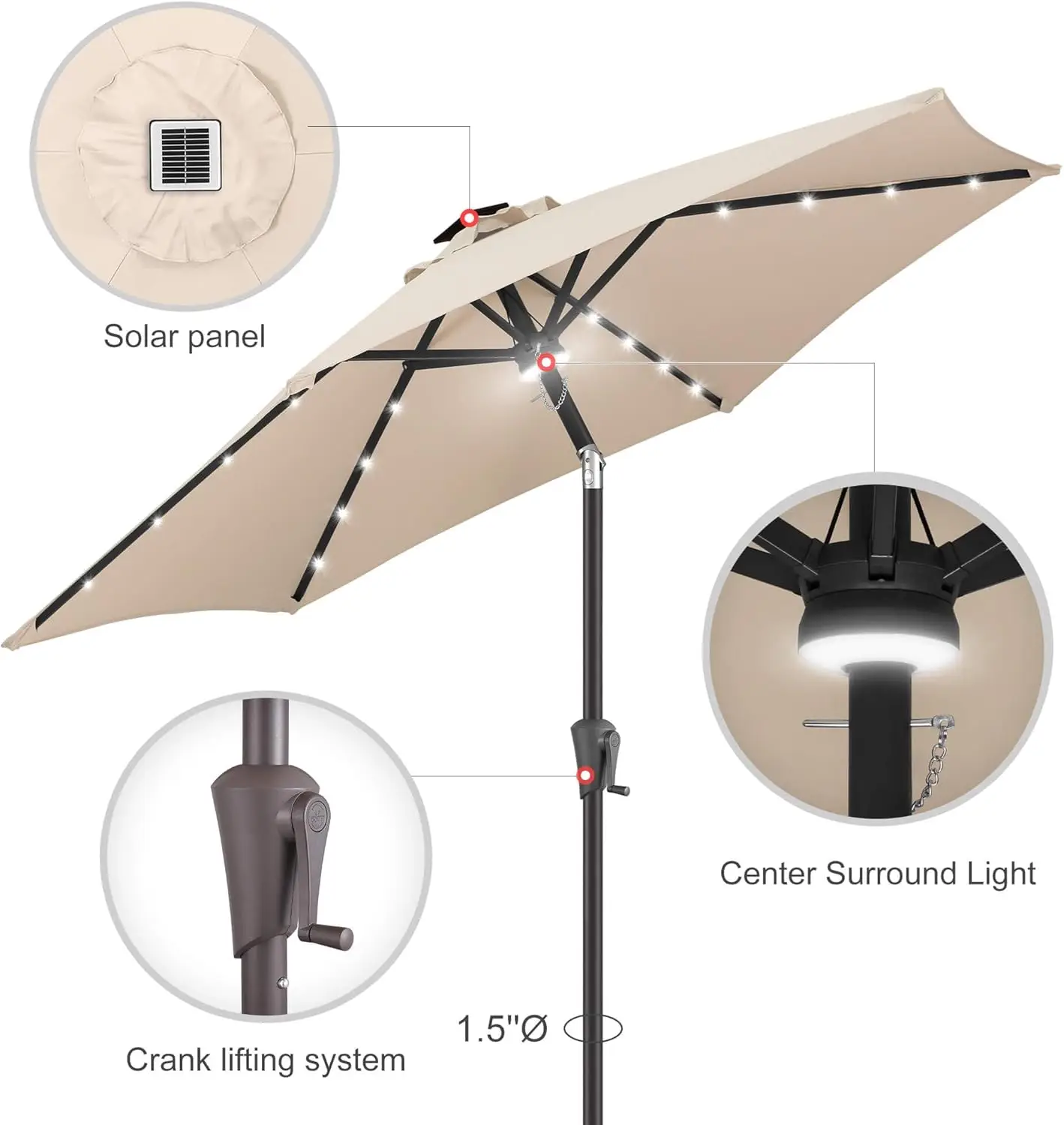 

10ft Solar Patio Umbrella - Outdoor Umbrella with Centre Surround Light 24 LED Beads, Market Table Umbrella with Tilt & Crank