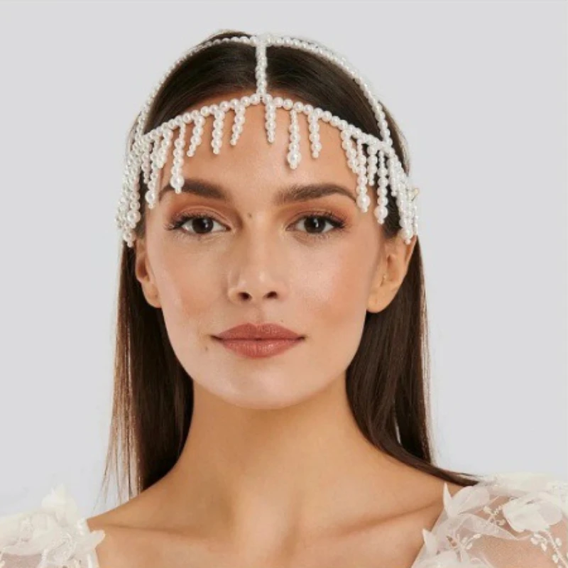 Fashion Pearl Fringe Headpiece Crystal Cap Head Chain Roaring 20s Great Gatsby Tassel Hair Accessories for Art Deco Part Gifts view 2