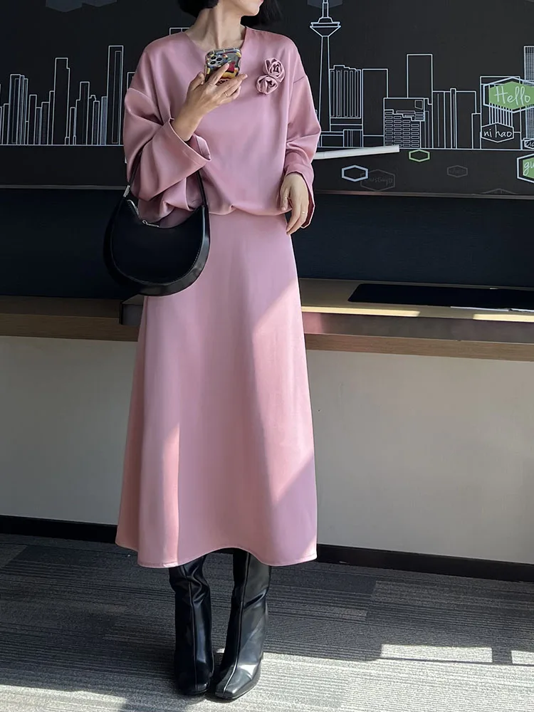 

Осенний новый комплект: удлиненный топ с капюшоном и юбка-блумер из ацетата с 3D-вышивкой в виде цветов, универсальный, для женщин...