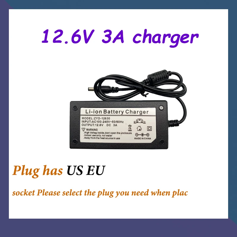 12.6V 3A 18650 Lithium  Battery  Charger for 3 Series Lithium Battery C Battery 12V Battery Smart Charger + US EU AC Power Cord