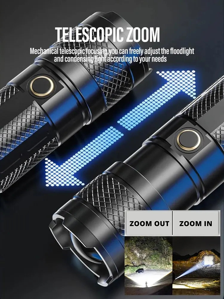 Powerful LED Flashlight Camping Torch ABS + Plastic Material Telescopic Zoom With Tail COB Floodlight Multiple Lighting Modes