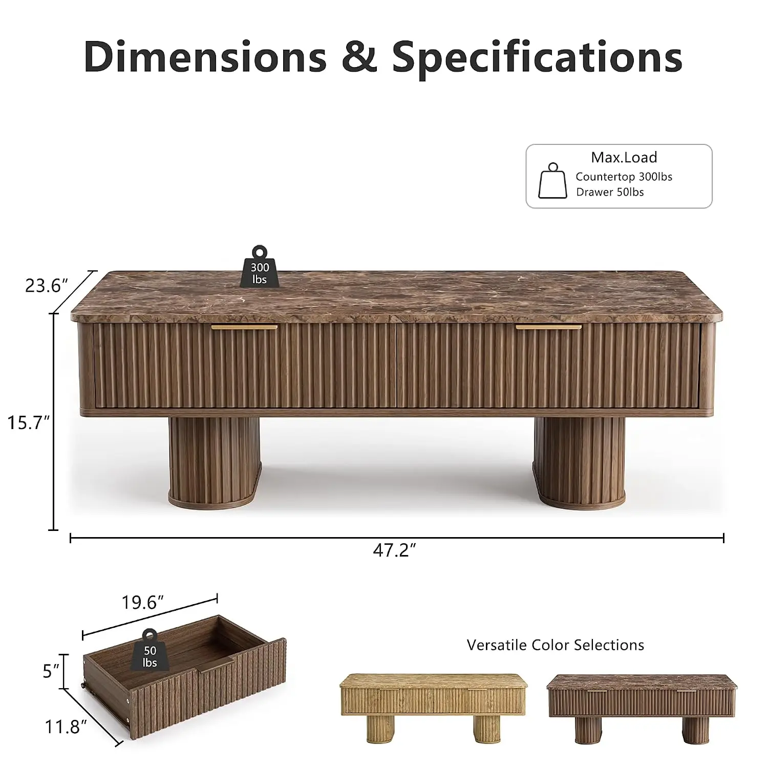 Rectangle Coffee Table with Faux Marble Top & Storage, Walnut, Customized