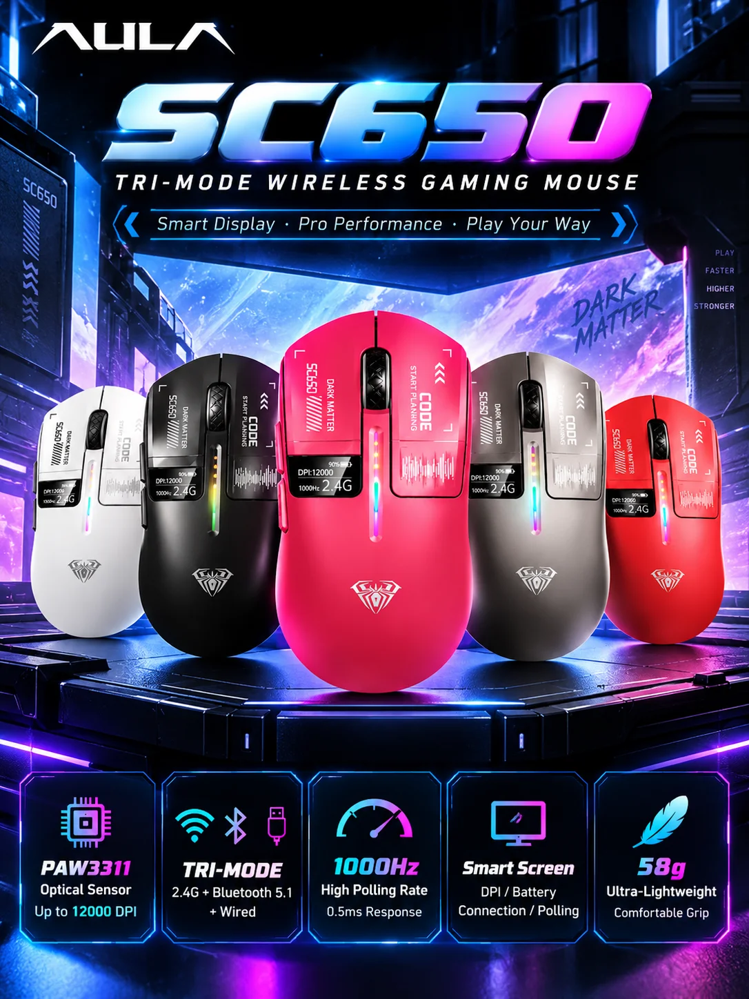 AULA SC650 Tri-Mode Wireless Gaming Mouse PAW3311 12000 DPI 1000Hz RGB Smart Screen 500mAh