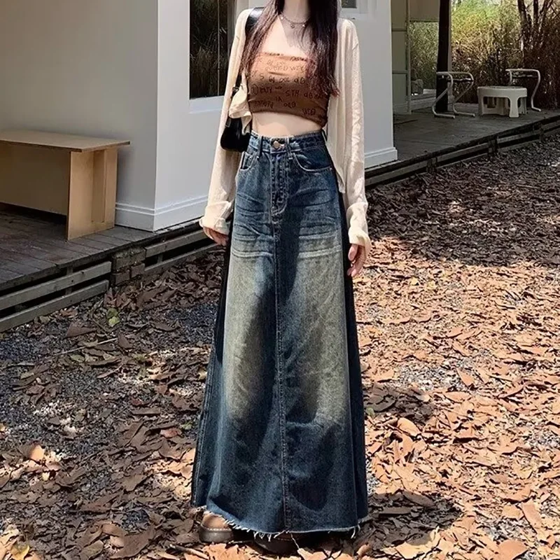 A Niche Hong Kong-style Distressed Denim Skirt. New Versatile and Retro High-waist Long Skirts for Women in Spring and Summer