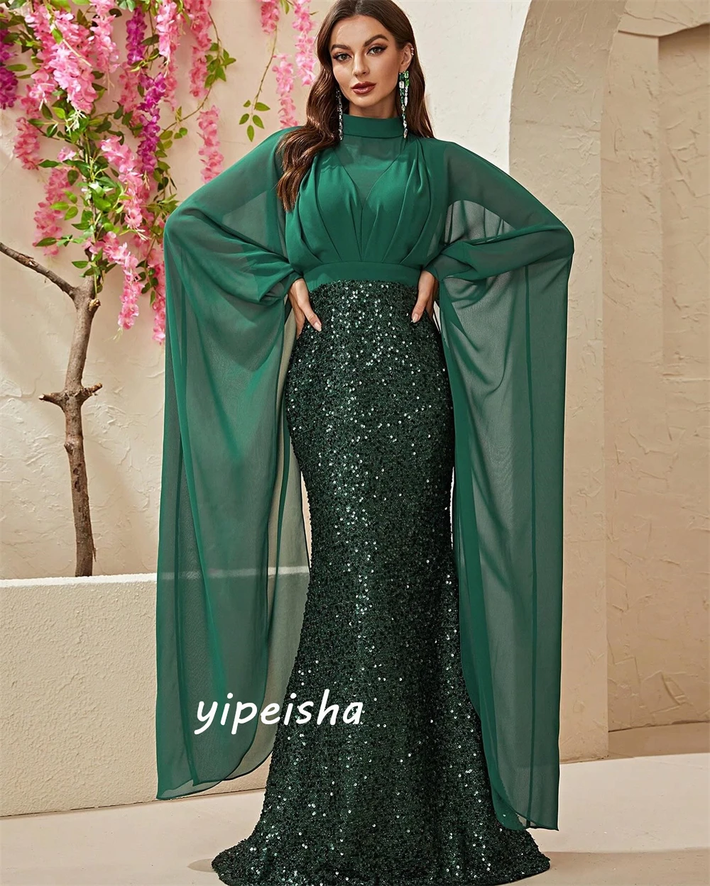 Customized  Chiffon Sequined Evening Mermaid High Collar Bespoke Occasion Gown Long Dresses Sexy Casual 