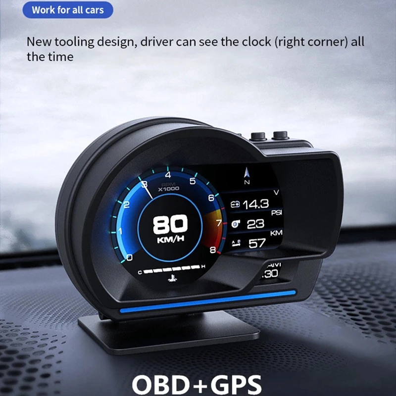 RHAXEL HUD Display OBD2+GPS Smart Car HUD Gauge Digital Odometer Security Alarm Water&Oil temp RPM for Car Truck Boat