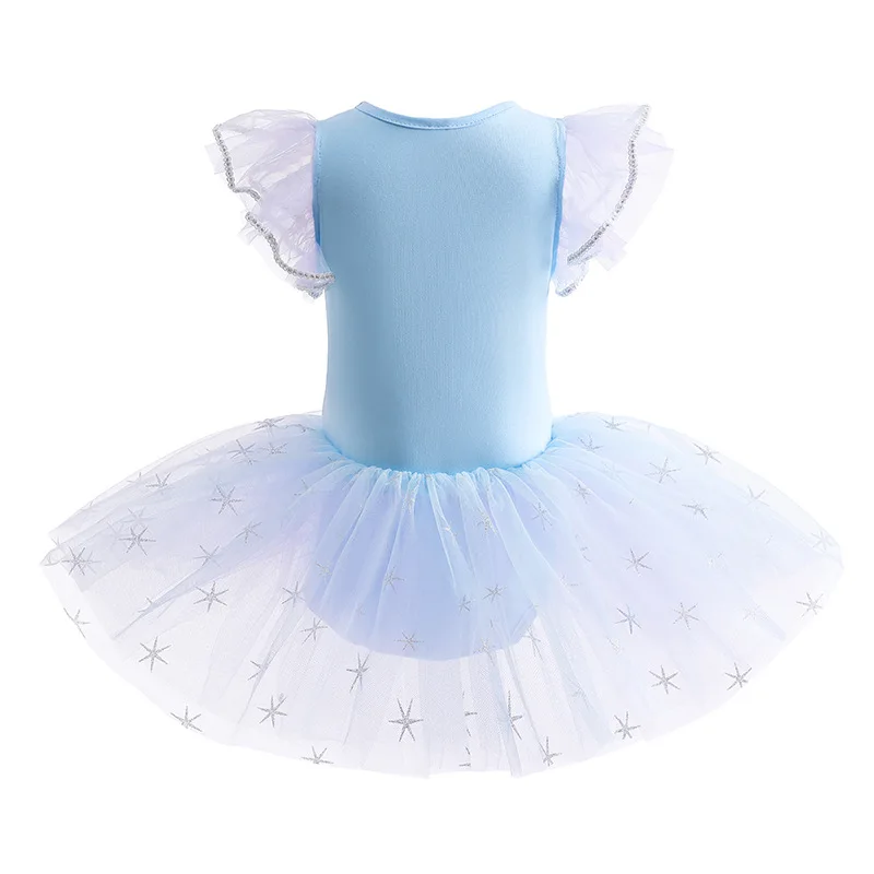 Summer Kids Girl Ballet Dance Party Dress Flare Sleeves Princess Ruffle Tulle Sleeve Snowflake Print Sequined Mesh Skirt K2306