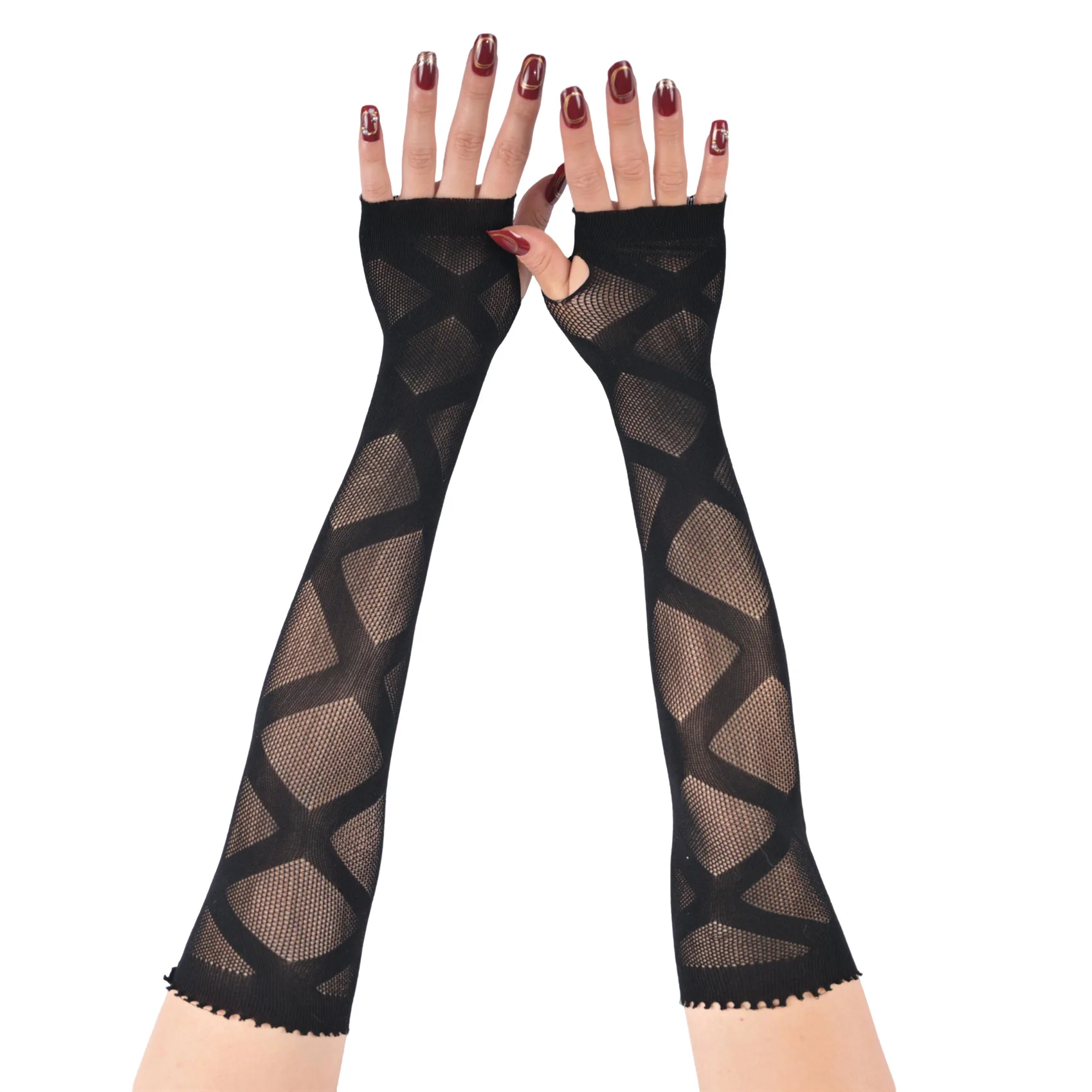 Gloves Dark Punk Gothic Mesh Long Fingerless Ripped Hollow Arm Sleeves Black Lightweight Cosplay Stage Accessory