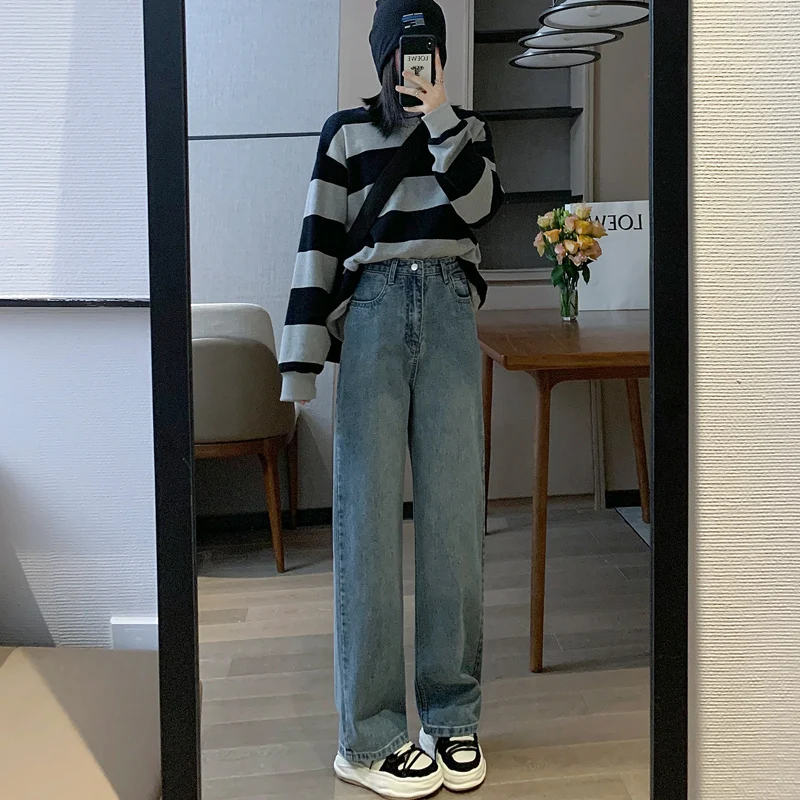 

Прямые джинсы с высокой талией, женские свободные утягивающие винтажные широкие брюки большого размера, осеннее новое поступление, джинсовые обтягивающие брюки