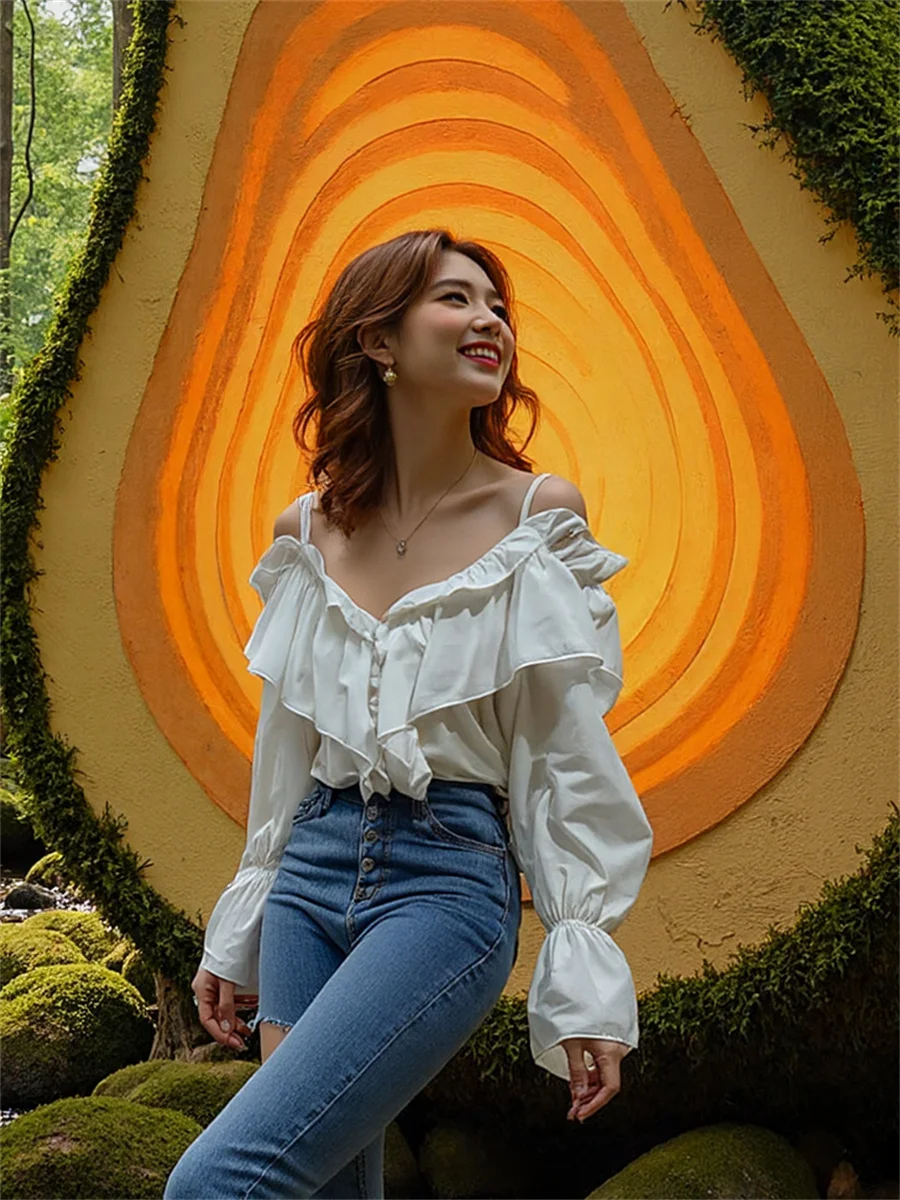 بلوزات كبيرة الحجم للسيدات بلون سادة سترة قطنية بيضاء ملابس خارجية أنيقة بدون أكمام دانتيل موضة كورية قصيرة للخريف #5