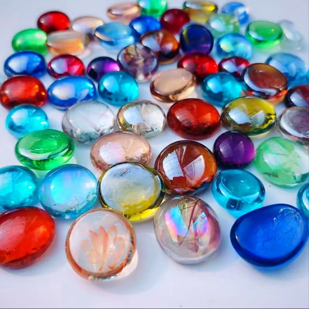 Colorful Small Stones Mixed with Glass Flat Beads, Transparent Glass Stone Fish Tank Decoration, Landscape Glass Flat Beads