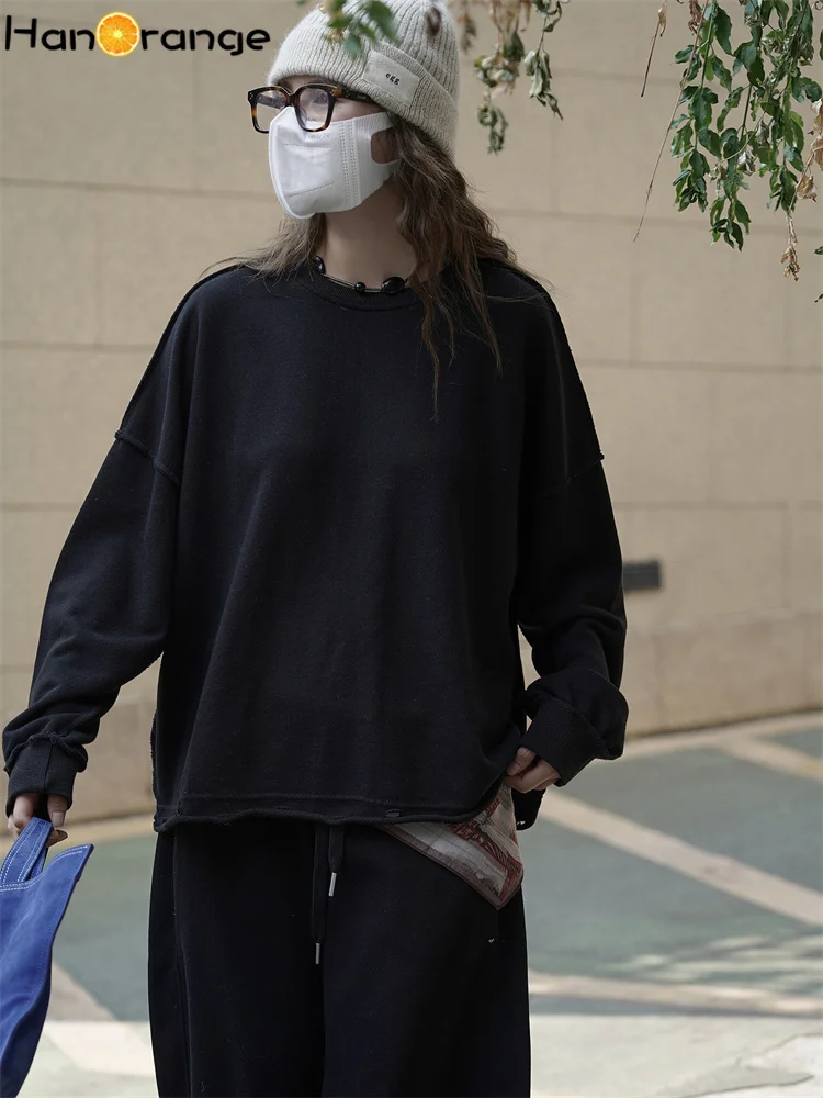 

HanOrange 2025 Autumn Winter Simple Stitching Exposed O-Neck Sweatshirt Women Soft Loose Silhouette 100% Cotton Top Black/Gray