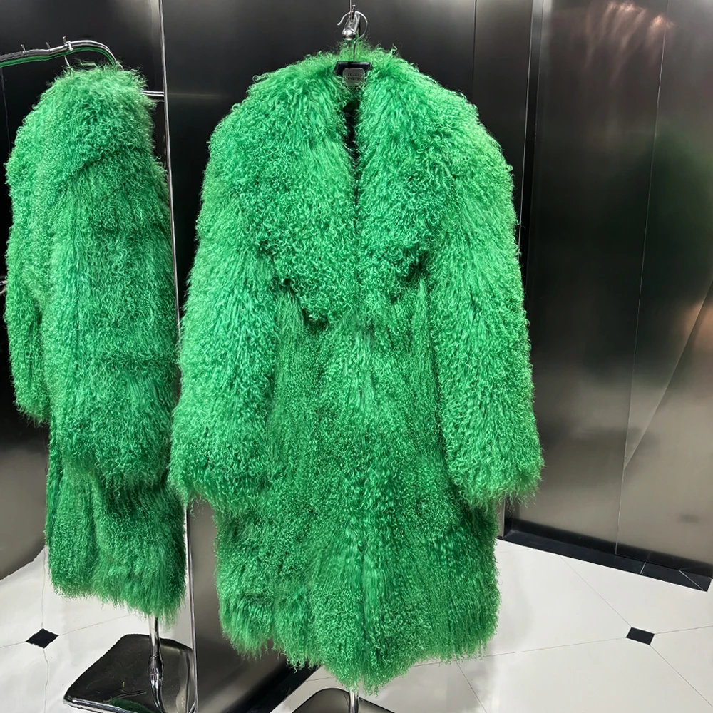 Green Long Real Mongolia Sheep Fur Jacket Coat With Natural Fur Collar Women 2024 Winter Outerwear