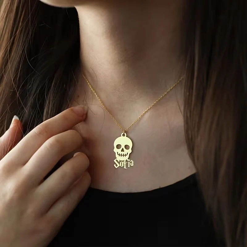 

Custom Skull Name Necklaces For Women Men Stainless Steel Customized Necklace Pendant Personalized Neck Jewelry Gift