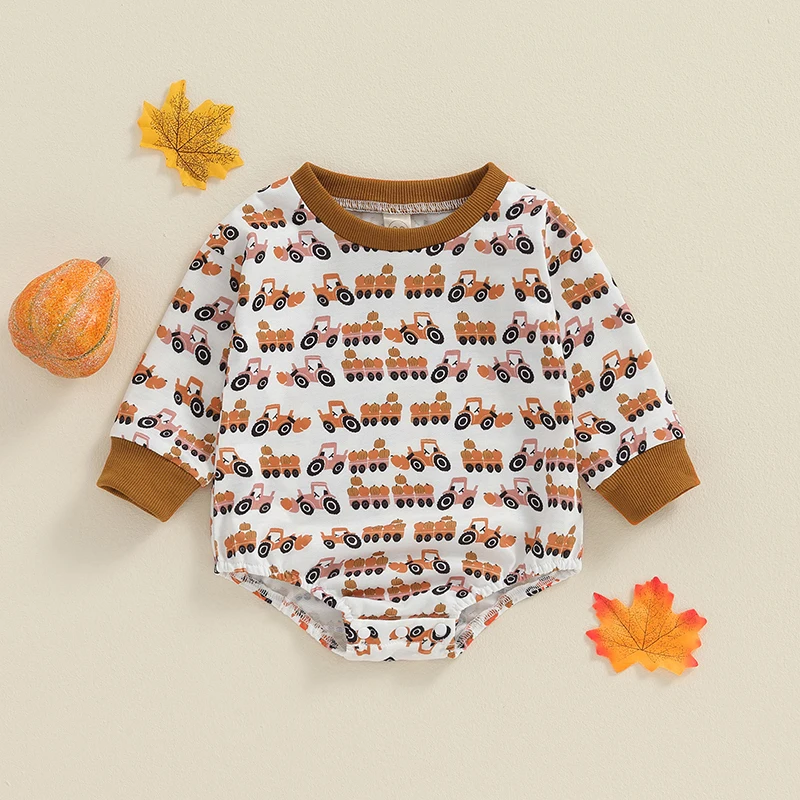 

2024-05-13 Lioraitiin Baby Boy Romper, Long Sleeve Crew Neck Tractor Pumpkin Print Fall Bodysuit Clothes for Casual Daily