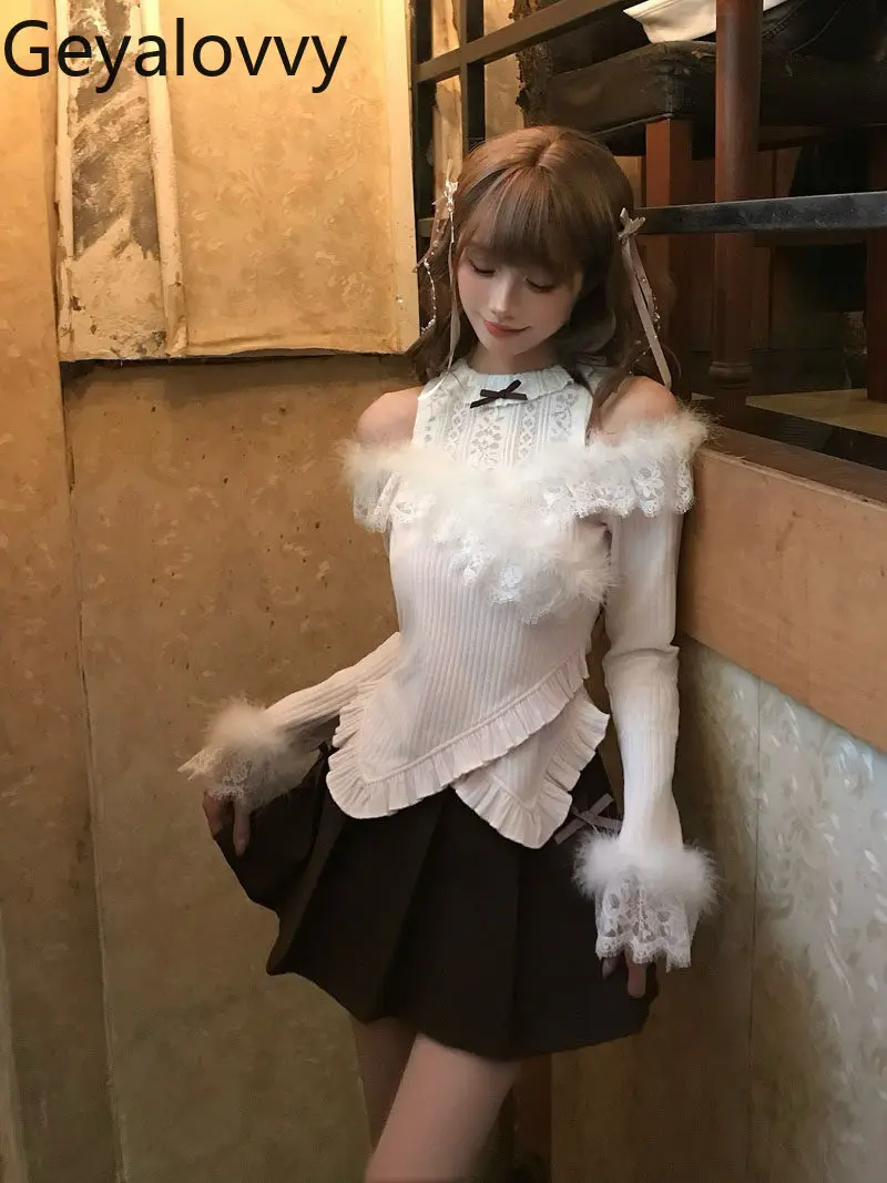 

2026 Spring New Original Design Sweet Girls Bow Off-Shoulder Long Sleeve Knitted Top and High-Waisted Slim Short Skirt Set