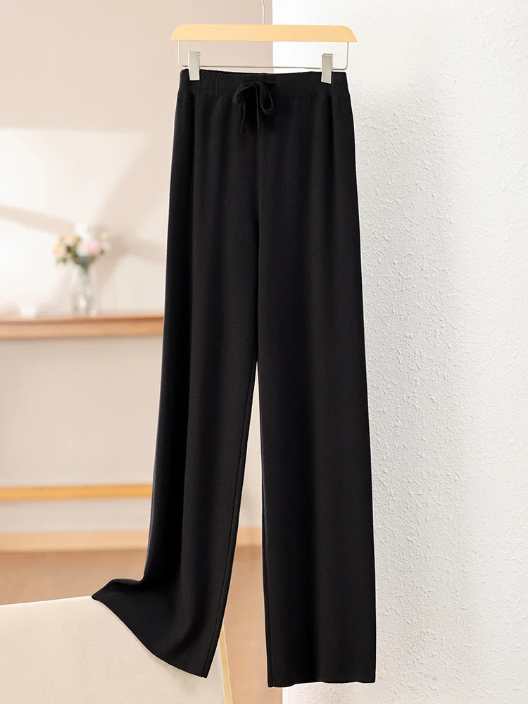 Calça feminina de malha de cintura alta com pernas largas, elástica, quente, corte reto, tamanho pequeno, comprimento até o chão, camada de base...