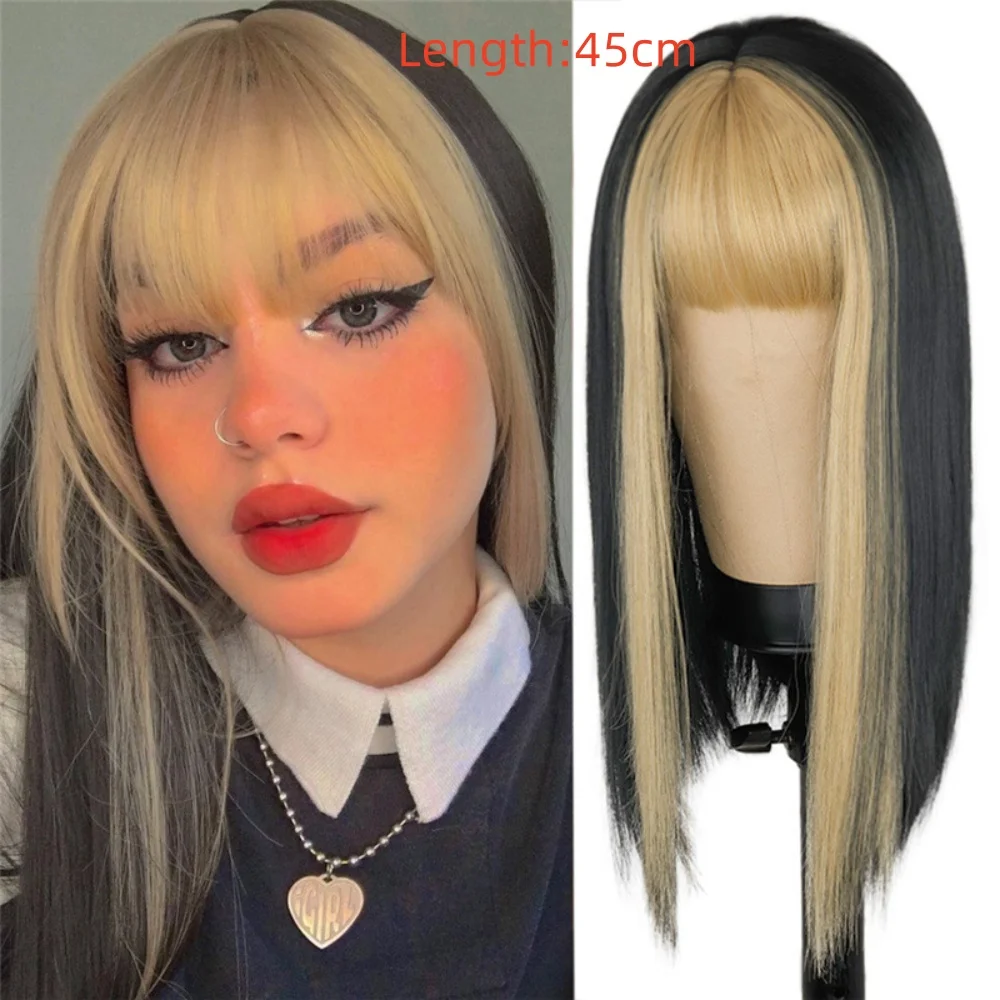 BOBO rambut sintetis 45/70cm untuk wanita, Wig lurus panjang dengan poni tahan panas untuk wanita