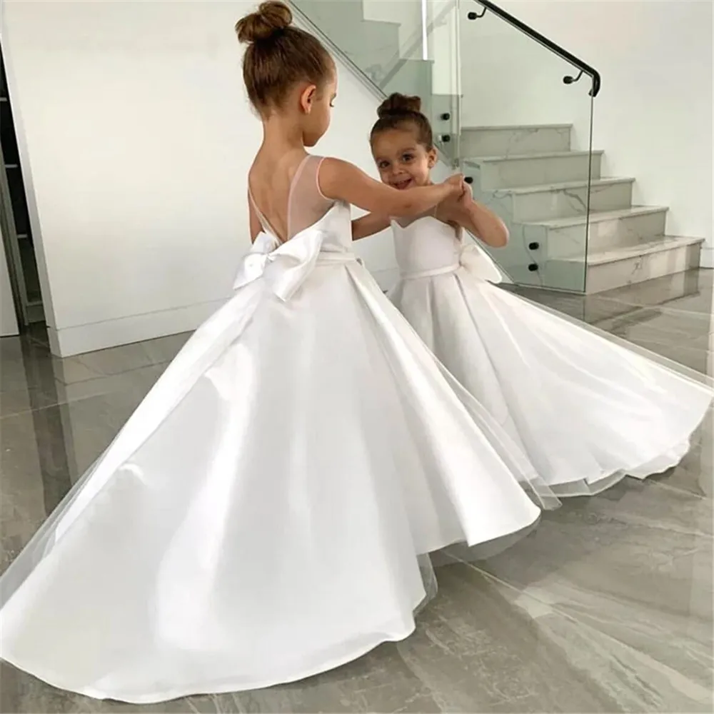 New Flower Girl Dresses Half Sleeves O-neck Beading Ball Gown Solid Formal First Communion Gowns Custom Made Vestido Longo