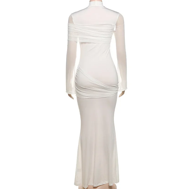 Vestido de fiesta largo ajustado fruncido elegante para mujer, vestido de noche de sirena con manga acampanada y perlas de retales de malla transparente, vestido largo