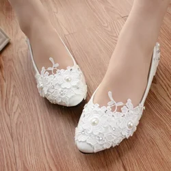 Shoes Quality High Heels Women Pumps Wedding PU Flat 3 5 8CM Thin Heels Fashion Rhinestone Lower Shallow Lace Woman Shoes White