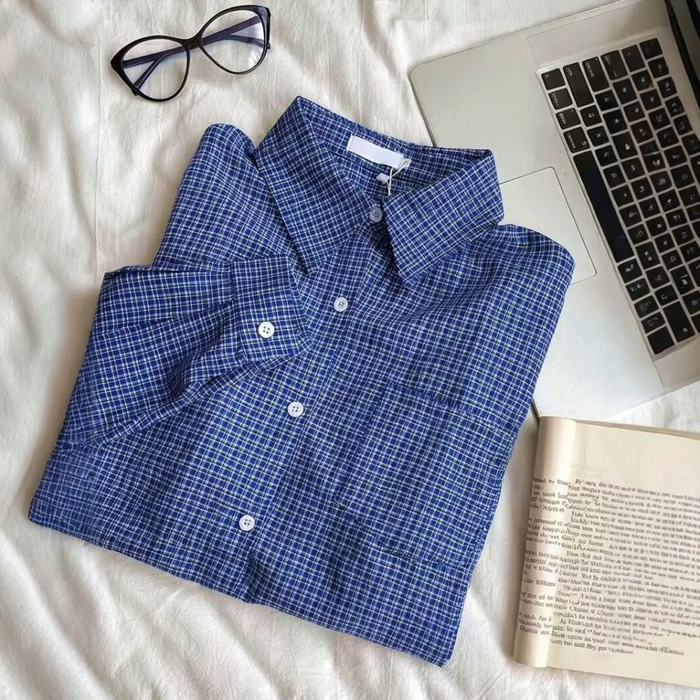 Vintage Style Blue Plaid Blouse Women Loose Fit Long Sleeve Button Down Shirt Casual Sunscreen Lightweight Outerwear Top