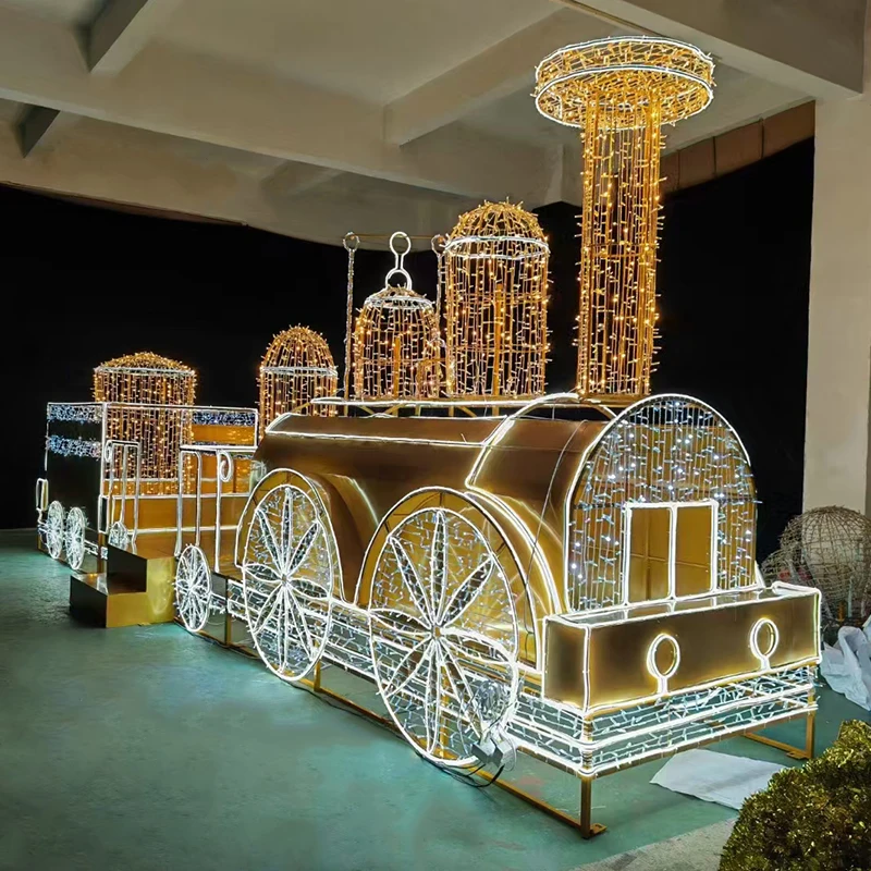 Customized Outdoor Warm White Metal String LED Christmas Decoration Huge Indoor Commercial Holiday Train Motif Light IP65 Rated
