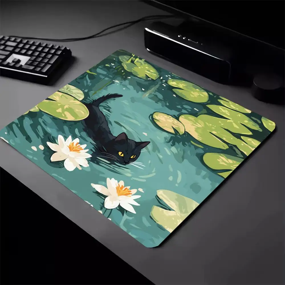 Cute black cat and lotus flower Mouse Pad Square Computer Office Game Table Mats Rubber Anti-slip Mousepad Small Decor Desk Pads