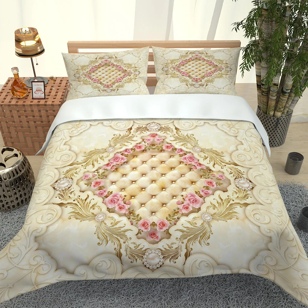 HUANZHUANG Bedding Set Boys Girls Golden Pink Flowers Twin Queen Size Duvet Cover Pillowcase Adult Home Textileextile Decoration