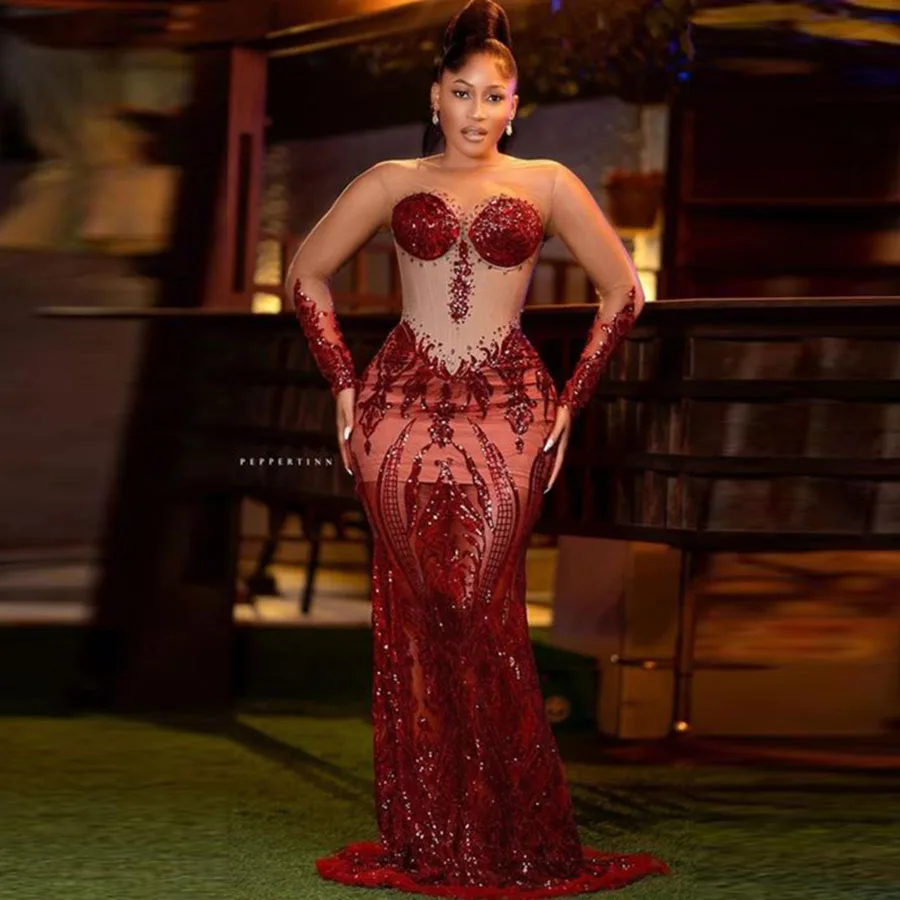 Burgundy Lace Mermaid Prom Dresses Aso Ebi Sheer Long Sleeves African Evening Gowns Sexy See Through Women Formal Occasion Dress