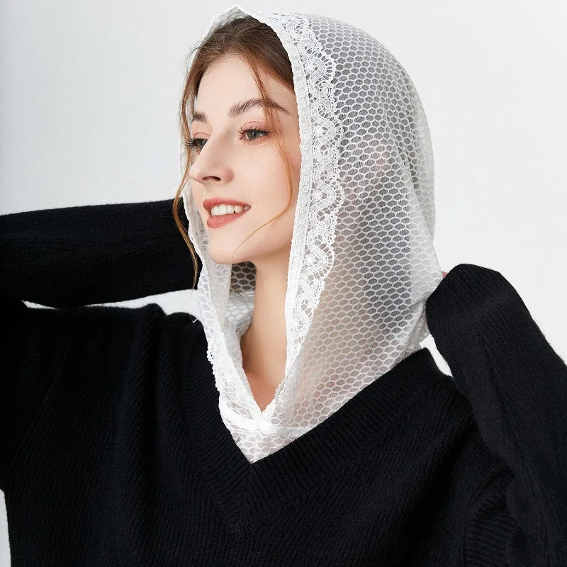 

‌2025 Fashion Black Lace Hoodie Collar - Hollow Out Winter Layering Top for Women, Sexy Trimmed Neckline, Sweatshirt Accessory