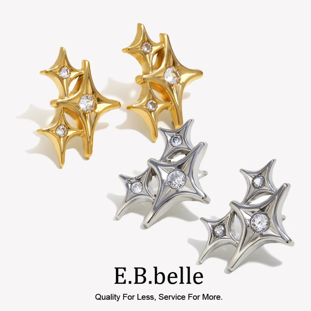 E.B.belle Three Four-pointed Star Studs Earring Joined Together With Zircon Stone 18K Gold Plated Suit For Women's Jewelry