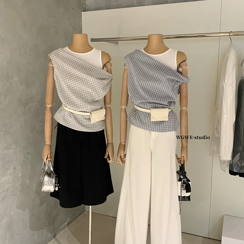 

Irregular Plaid Short Sleeve Shirt Shoulder Bared Design Korean Style Two Piece Set Casual Summer Fashion Women's Clothing