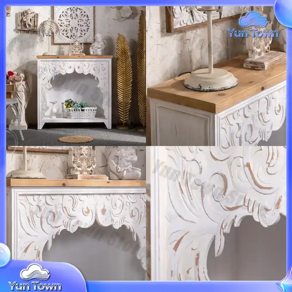 French Vintage Solid Wood Fireplace Cabinet for Living Room Entryway Carved Decorative Display Cabinet for Rustic Home Decor