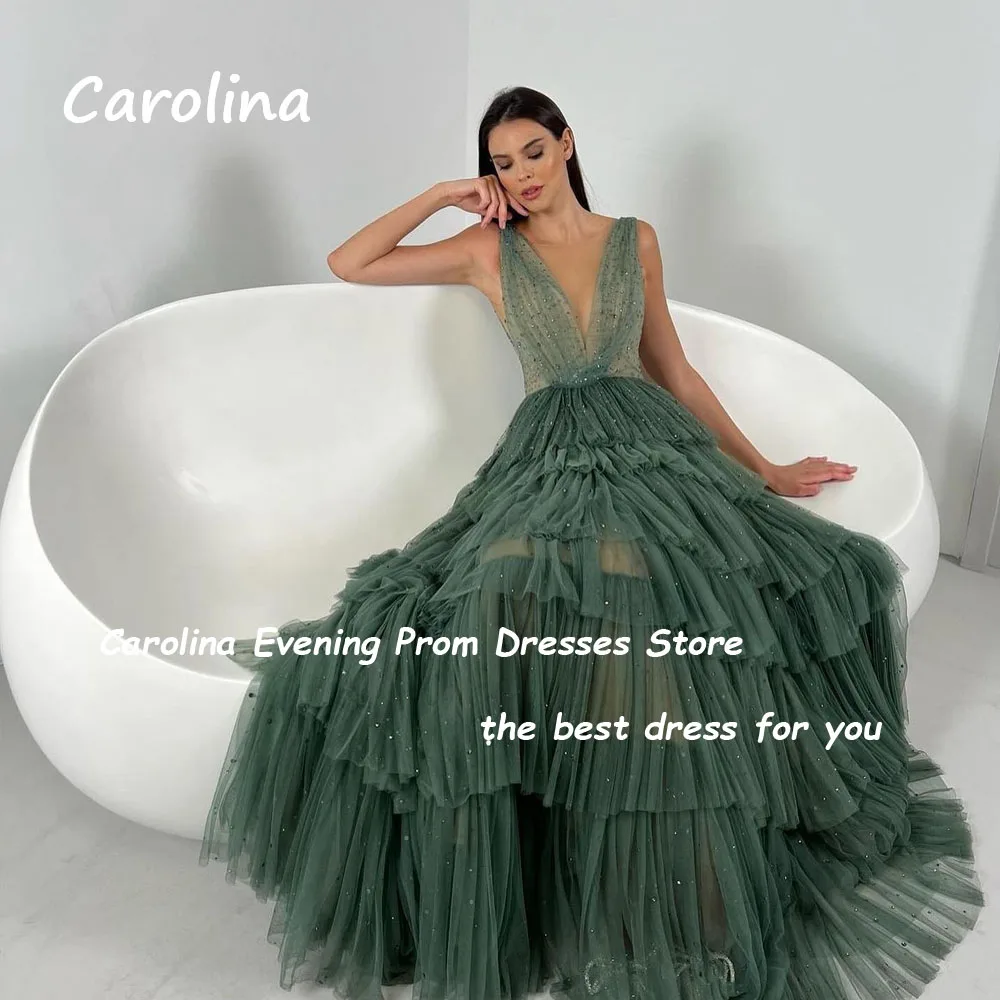 Carolina Sparkling Green V-Necks A-LINE Prom dress 2024 Slim Sleeveless Tiered Ankle-Length Formal Evening Dress