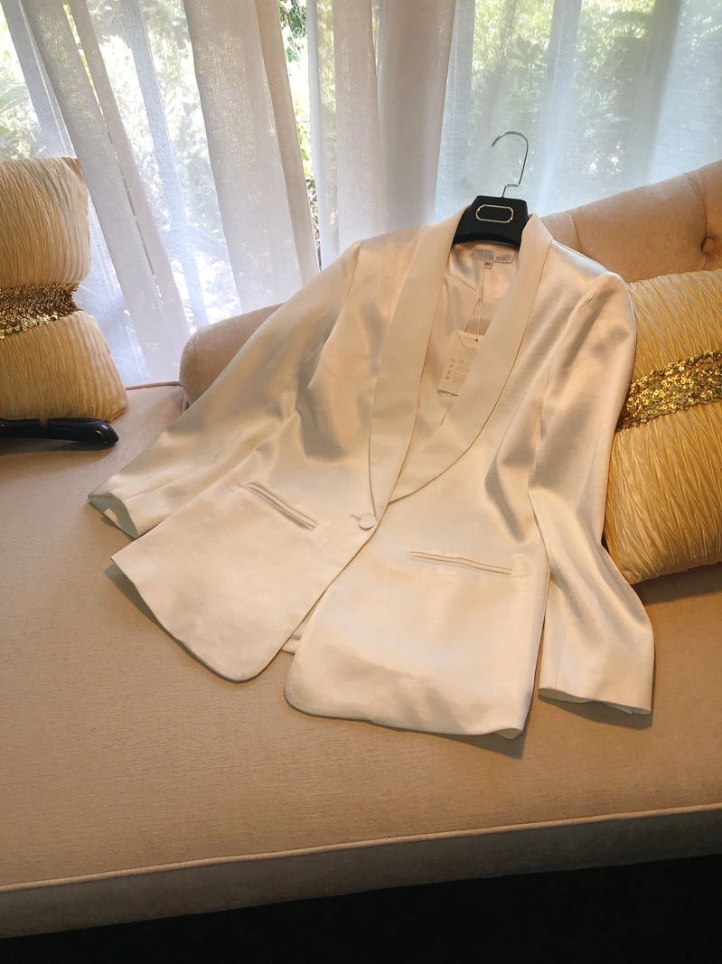 

Ele White Acetate Satin Briti Sle Women's Jaet Faionable Icon Lady's Personali ort Outerwear Coat