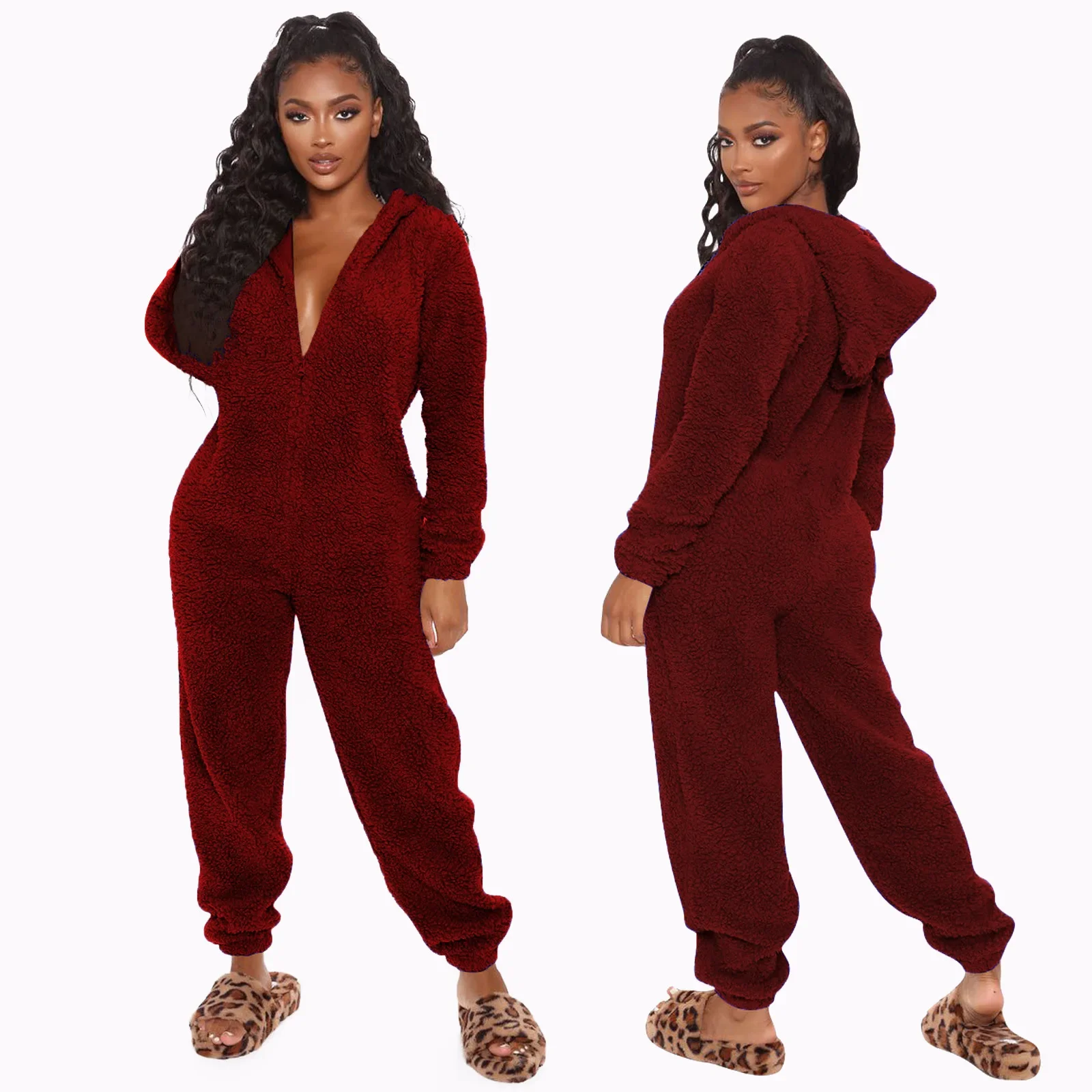 بدلة قفز نسائية للخريف/الشتاء عبر الحدود من أمازون بلون سادة مع قلنسوة مزينة بالأذن وأكمام طويلة بدلة منزلية دافئة #3