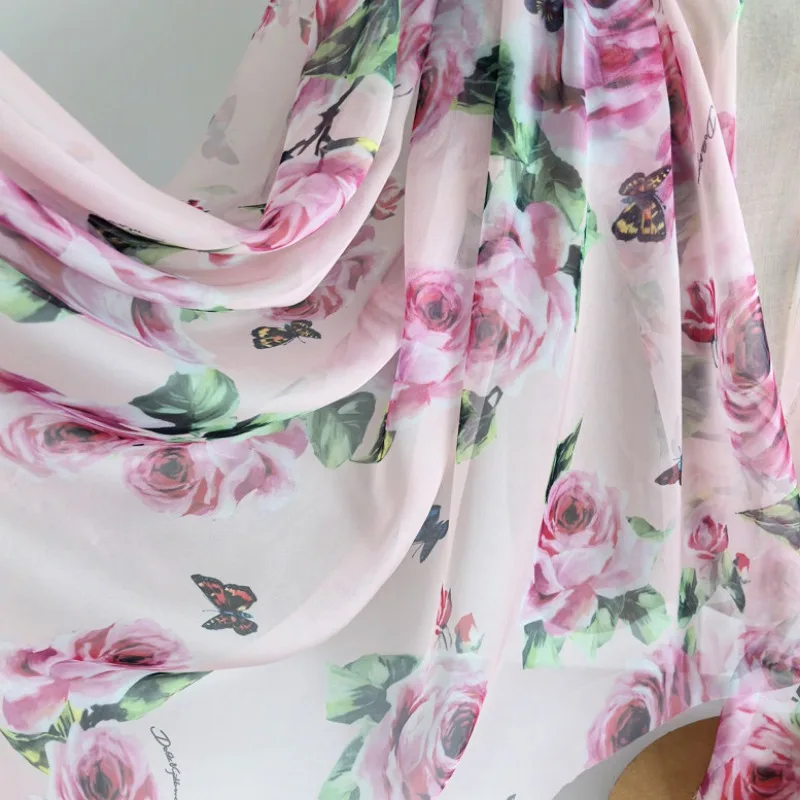 Pink Black Rose Butterfly Printed Chiffon Fabric Sheer Soft Cloth for Dress Skirt Hanfu Doll Clothes Sewing Material 150cm Width