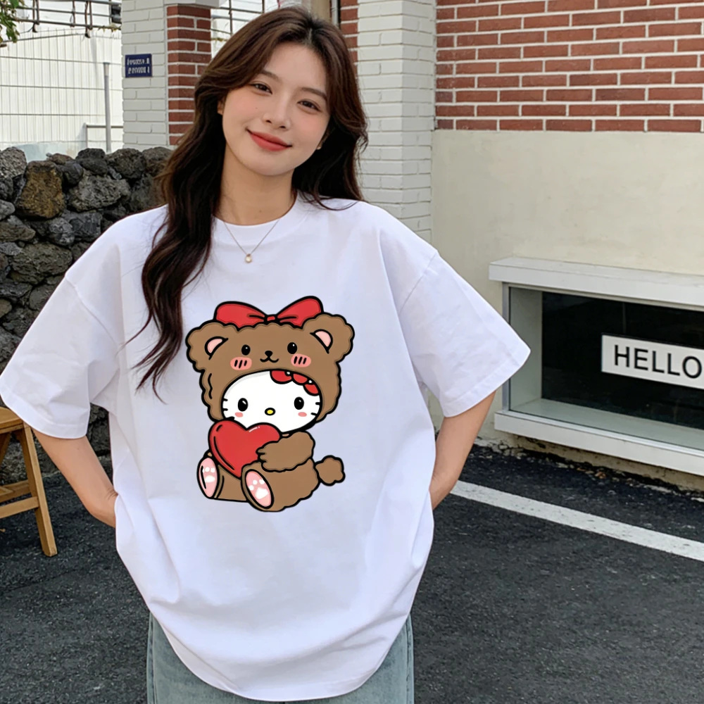 

2026 Summer Hello Kitty Cartoon Printed Short Sleeve Pure Cotton T-shirt Women's Family Matching Outfits Classic Fashion Tee Top