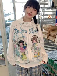 Y2k Aesthetic Cartoon Print Vest Hooded Coats Women Harajuku Casual Sleeveless Jacket Streetwear Drawstring Kawaii Cute Tops