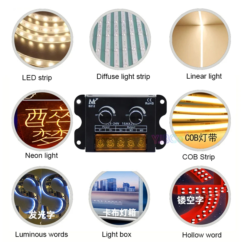 5V 12V 24V Dual color PWM Knob Stepless dimming dimmer CCT led strip controller 2CH*15A single color light tape switch Iron