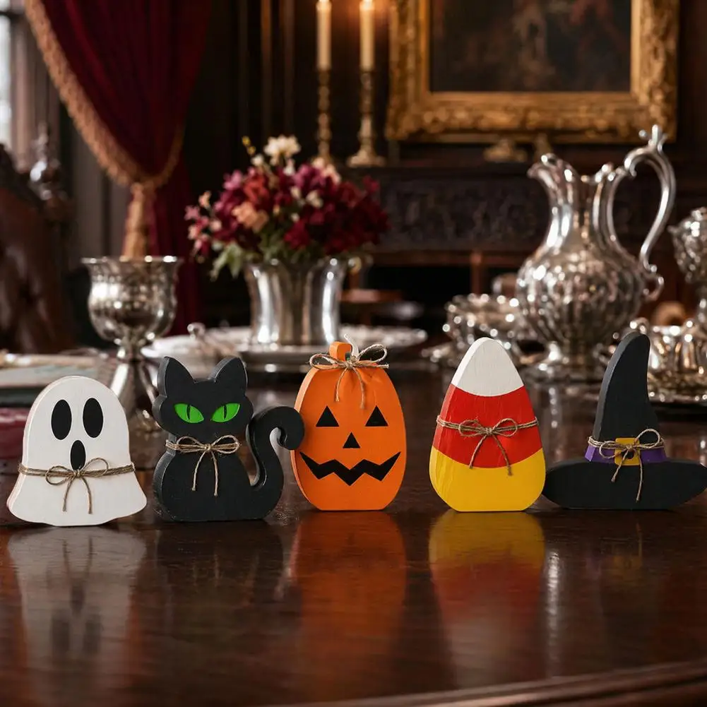 6Pcs Halloween Tiered Tray Decor, Ghost Black Cat Mummy Figurines, Pumpkin Witch Hat Bat Wooden Ornaments for Shelf Table
