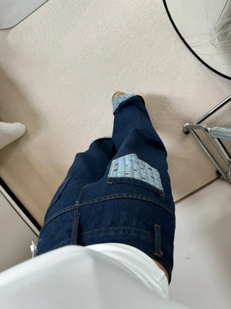 アメリカンハイストリートデザインの格子柄スプライシング、裏地付きデニムパンツ、レディース秋冬ルーズストレートワイドレッグフロアレングス...