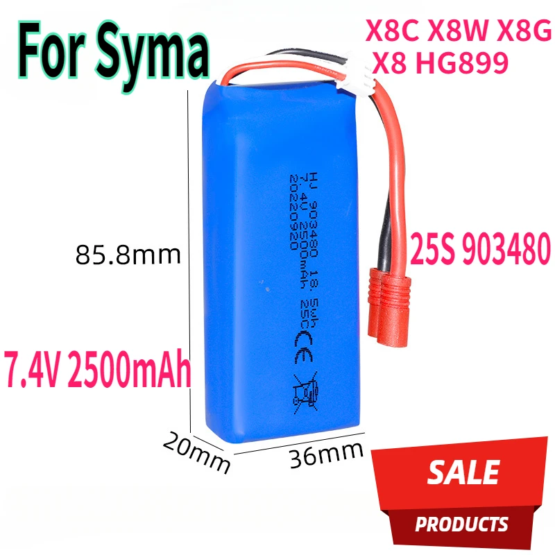 

7.4V 2500mAh Rechargeable Lipo battery with USB Charger for Syma X8C X8W X8G HG899 RC Drones Quadcopter Spare Parts 25S 903480