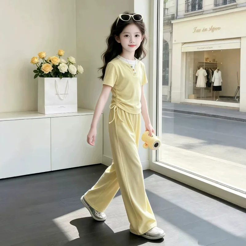 Summer Teenage Girls Clothes Set Children O-Neck Tshirt and Casual Wide-Leg Pants Suit Student Short Sleeve Top Bottom Outfits 3