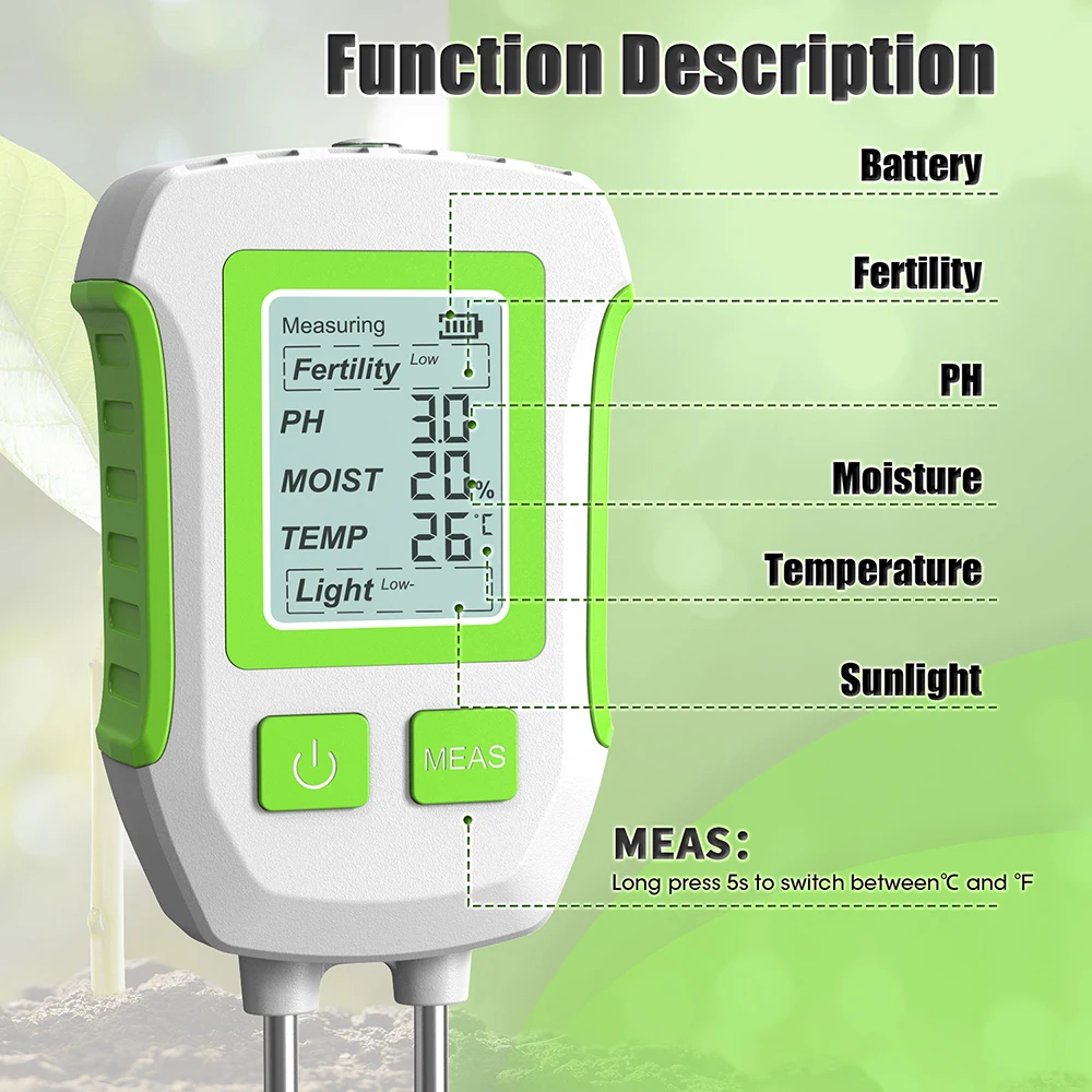 5 in 1 Digital Soil Moisture Tester PH Meter Handheld Soil Fertility PH Temp Sunlight Detector for Garden Planting Potted