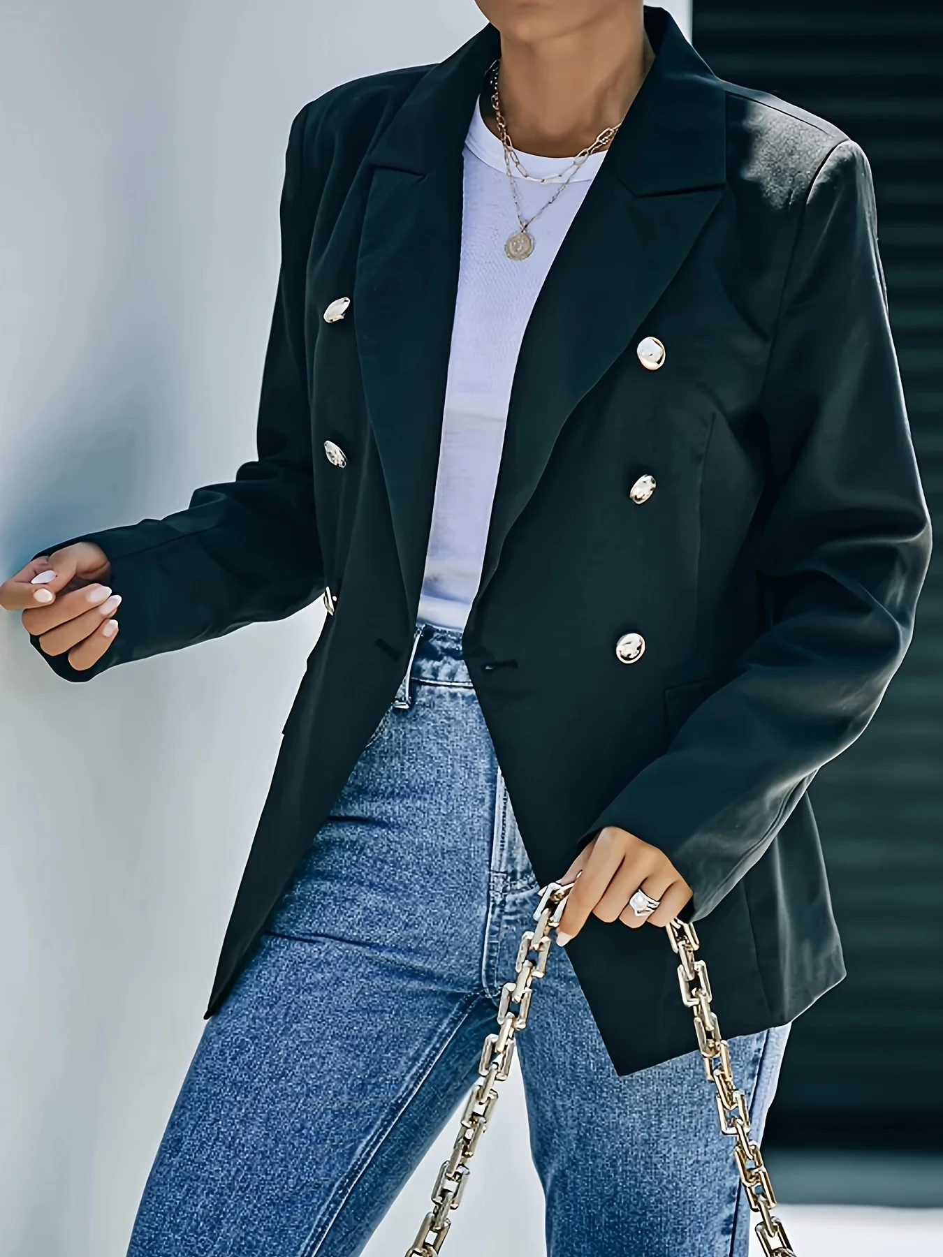 

Женский пиджак стандартного кроя, всесезонный двубортный однотонный пиджак с длинными рукавами и зубчатым воротником в офисном стиле
