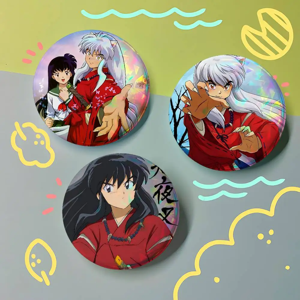 Anime I-Inuyashas For Badge Fashion Laser Holographic Effect Badge Custom Design Metal Lapel Pin Brooch For Backpack Decor