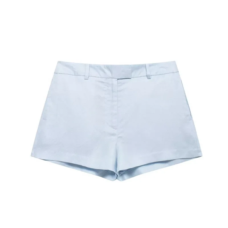 Damskie szorty z mieszanki lnu o niskim stanie, proste i eleganckie.